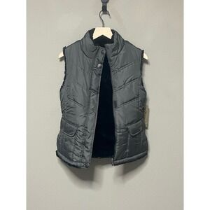 KC Collection Womens Puffer Vest Grey Faux Fur Lined‎ Zip Snap Collar Small